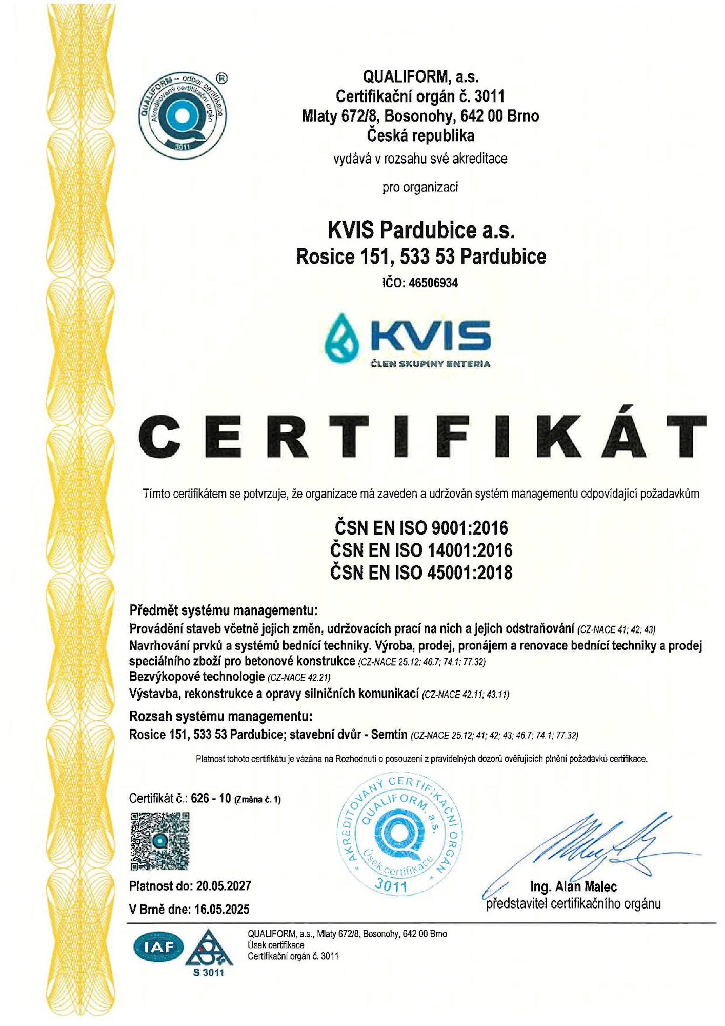 Certifikát ISO KVIS PLATNÝ DO 2027