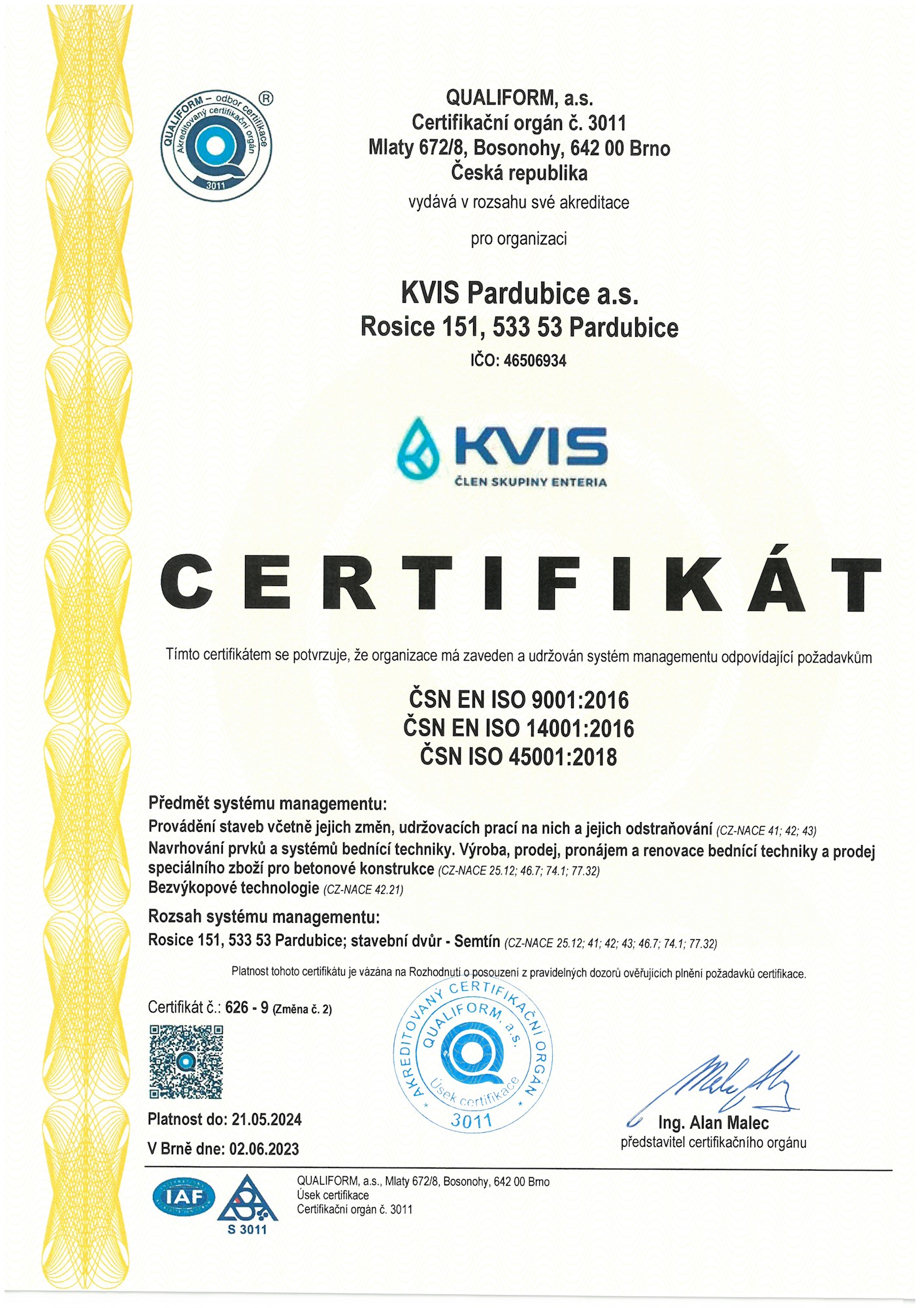 Certifikát ISO KVIS Nový Do 2024